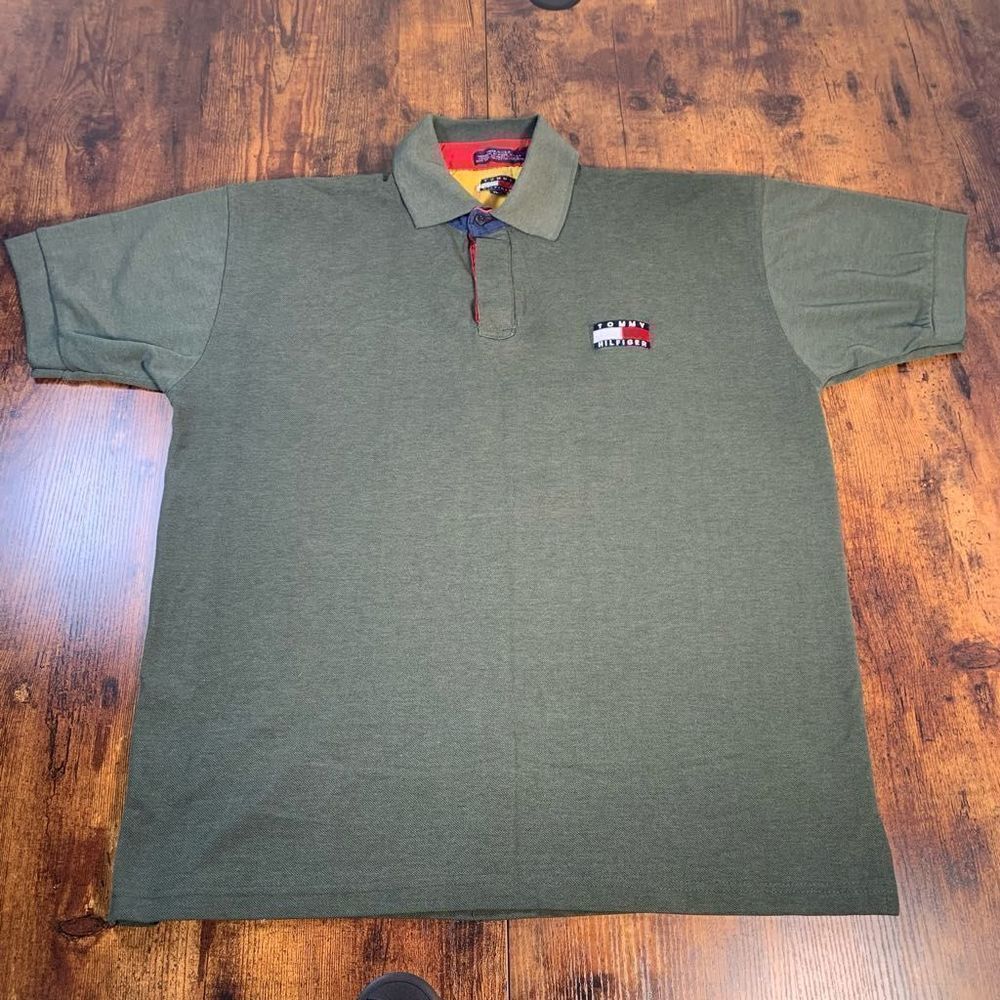 Vintage Mens Tommy Hilfiger Short Sleeve Patch Polo Shirt Flag Green Sz XL‎